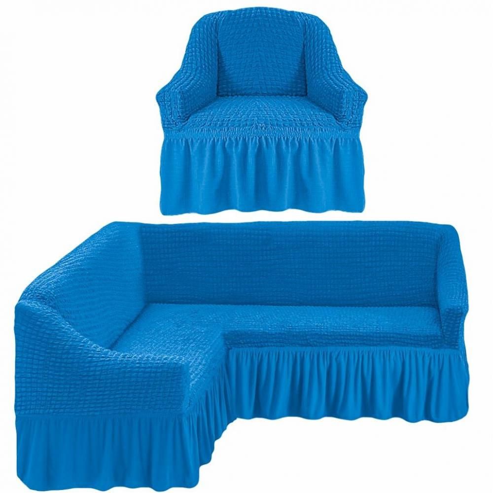 фото чехол на угловой диван и одно кресло с/о - синий