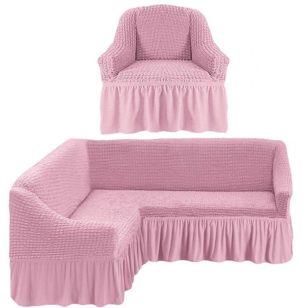 фото чехол на угловой диван и одно кресло с/о - розовый