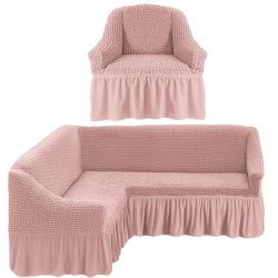 фото чехол на угловой диван и одно кресло с/о - пыльно-розовый
